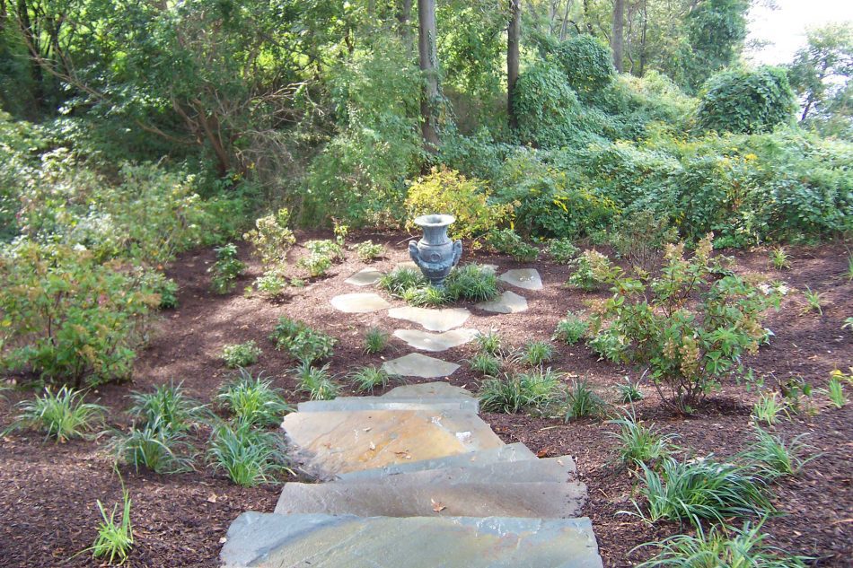 fountain with stone walkway