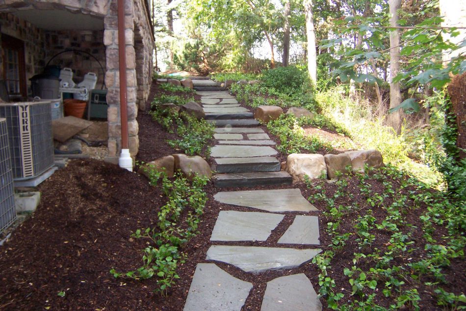 stone walkway on side of house